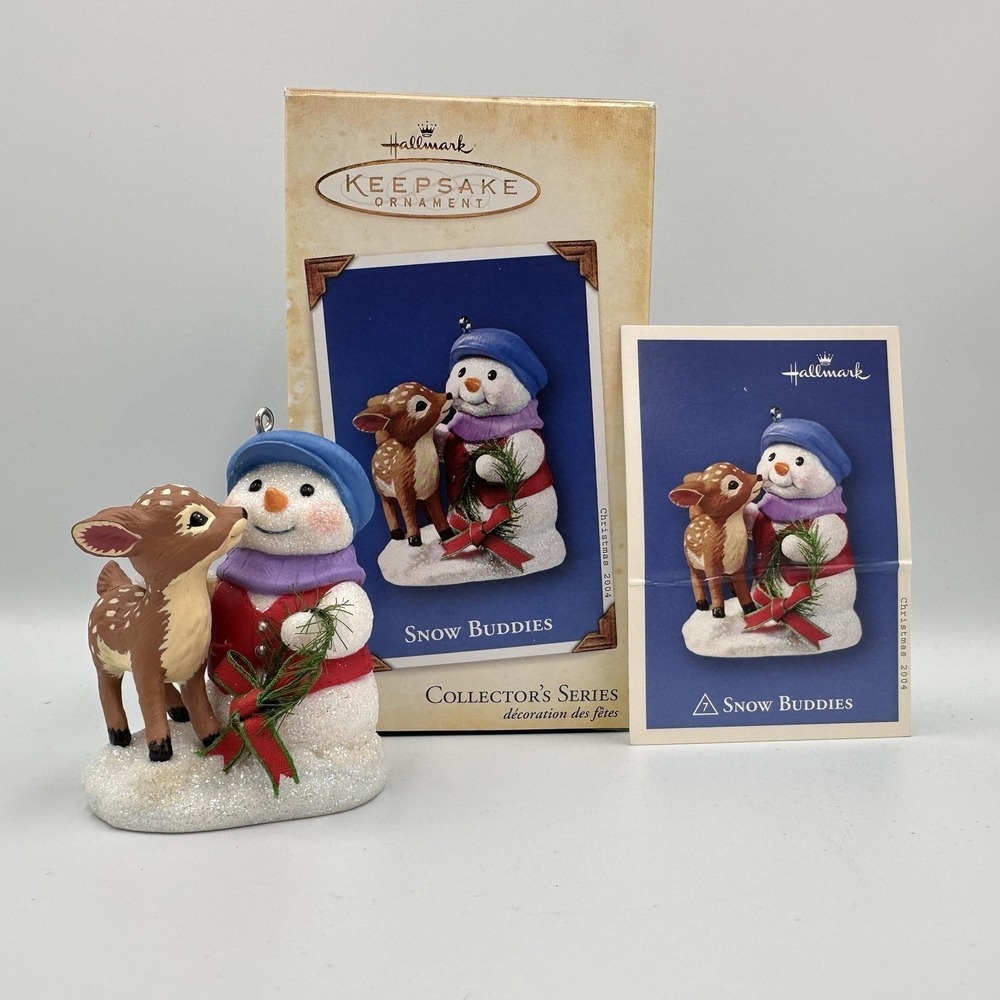 Vintage 2004 Hallmark Snow Buddies Ornament Snowman Deer W Box Card